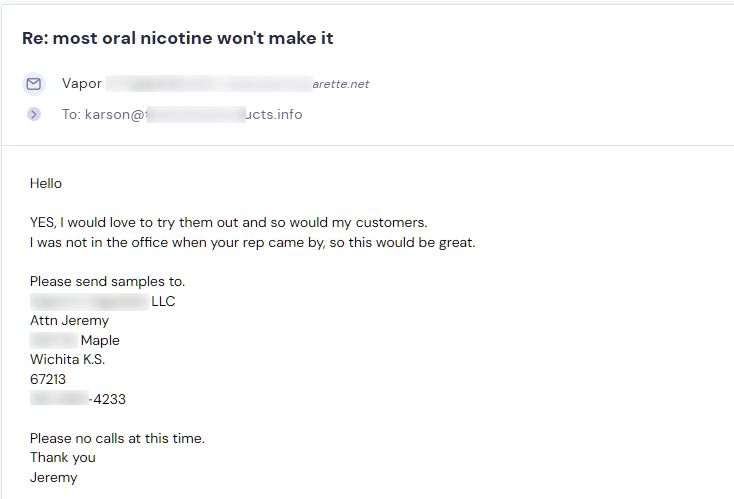 Retailer reply from Sesh Products